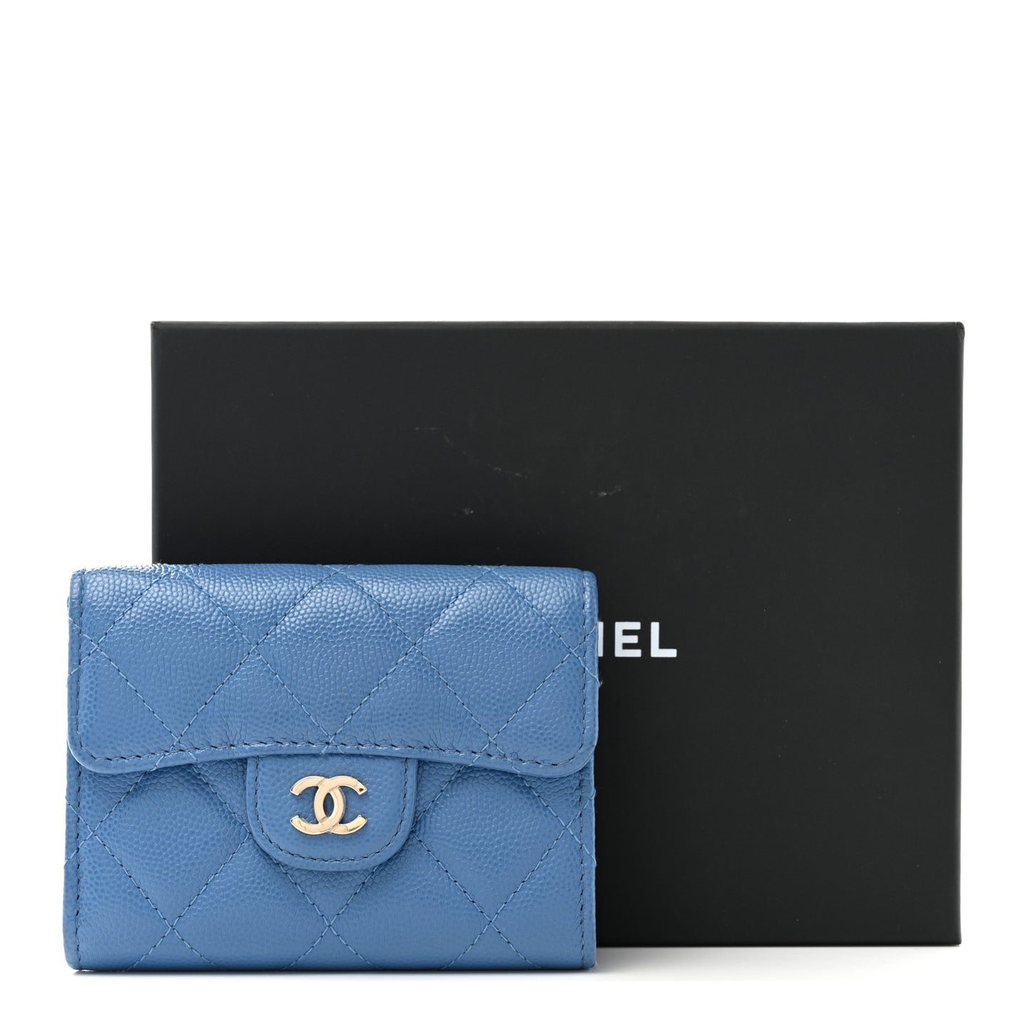 Caviar Quilted Flap Card Holder Wallet Blue