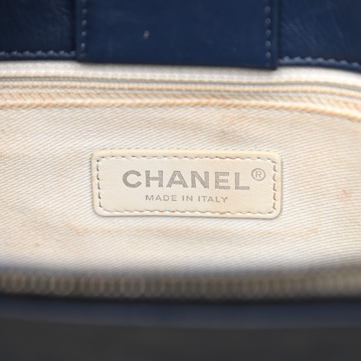 Calfskin Chevron Stitched Shopping Tote Navy