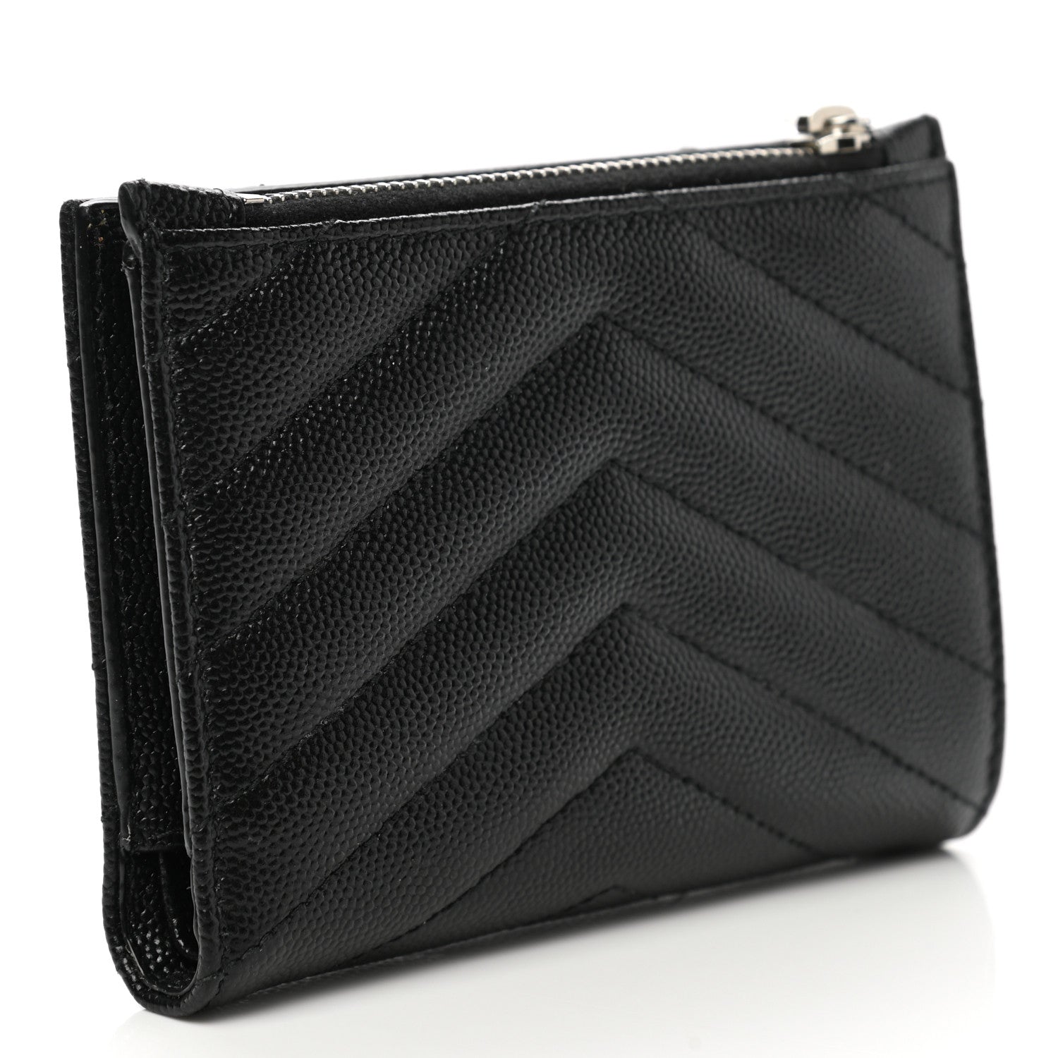 Saint Laurent Grain De Poudre Matelasse Chevron Monogram Zipped Two-Part Wallet Black 3 of 8
