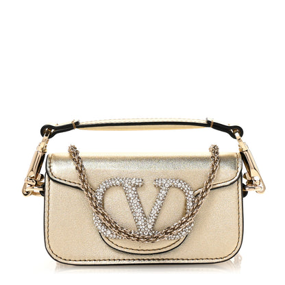 Valentino Garavani Metallic Calfskin Crystal Vlogo Micro Loco Shoulder Bag Platino 1 of 9