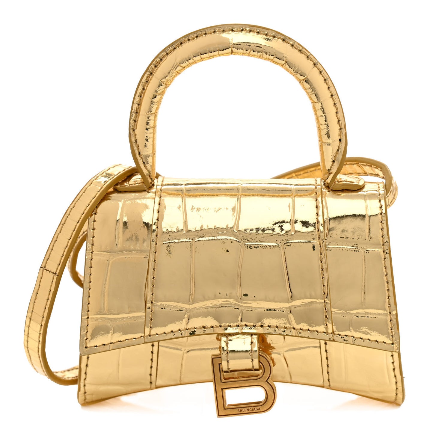 Metallic Calfskin Crocodile Embossed Hourglass Top Handle Bag Mini Gold