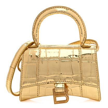 Balenciaga Metallic Calfskin Crocodile Embossed Hourglass Top Handle Bag Mini Gold 1 of 8