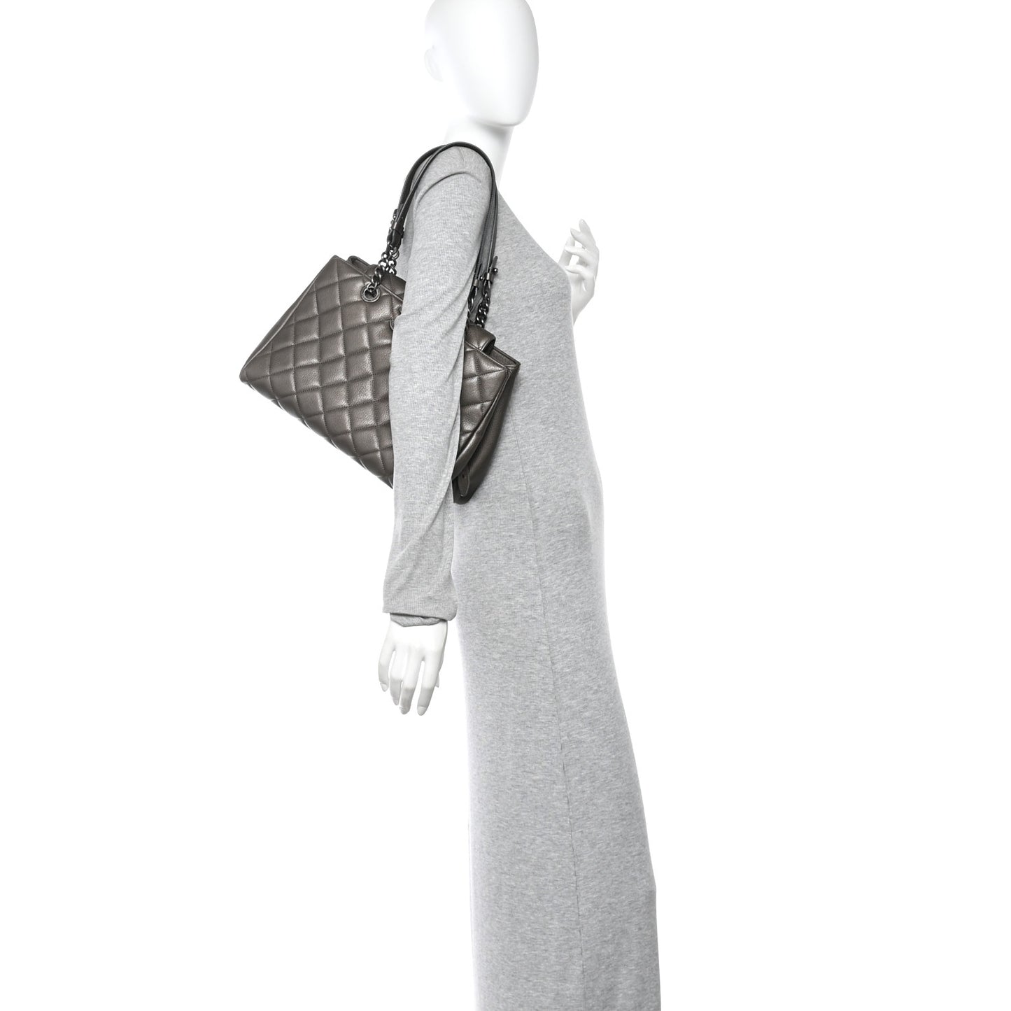 Metallic Goatskin Quilted Large City Rock Shopping Bag Silver