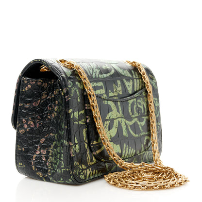Chanel Calfskin Crocodile Embossed Graffiti 2.55 Mini Cocodile Reissue Flap Black Pink 3 of 11