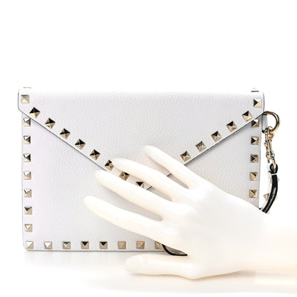 Valentino Garavani Pebbled Calfskin Medium Rockstud Envelope Flat Wristlet Pouch White 2 of 7
