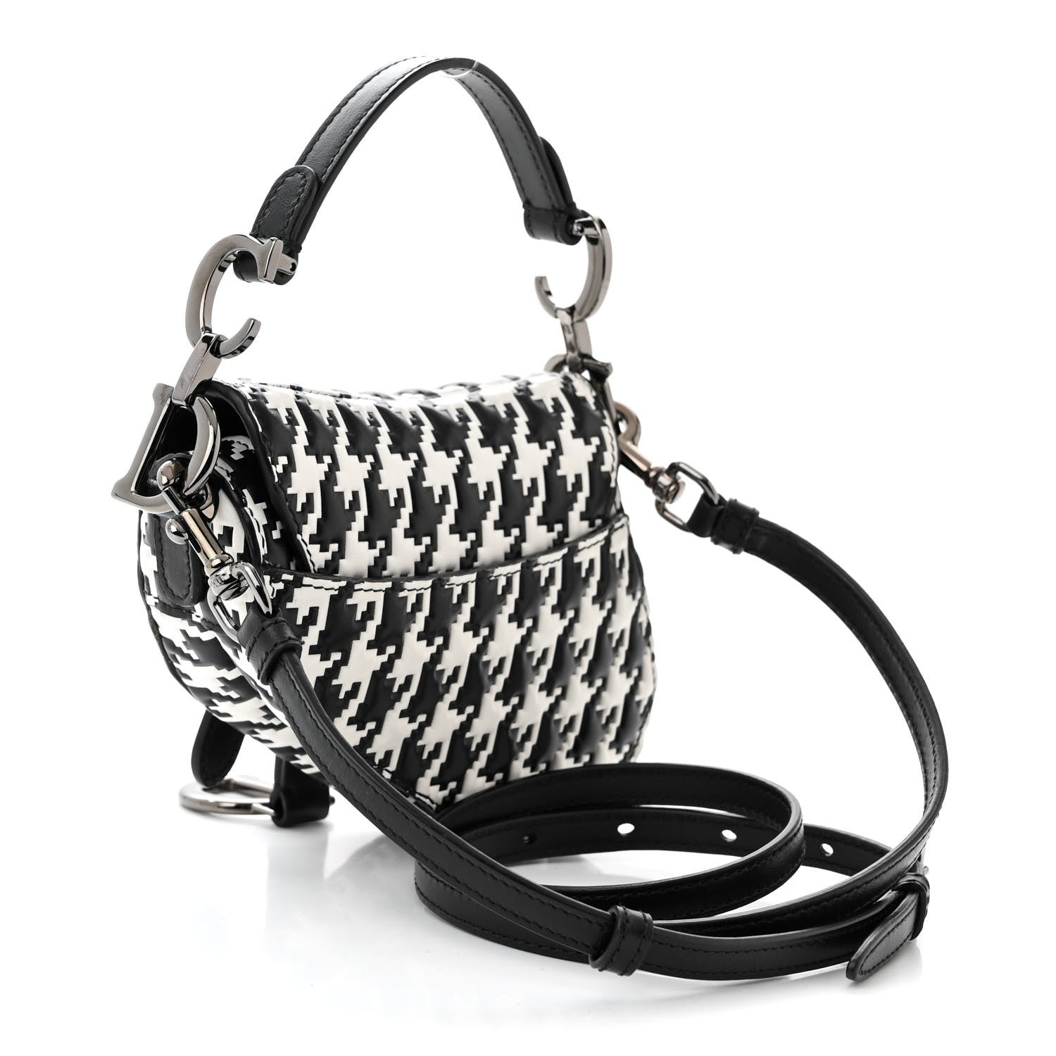 Christian Dior Calfskin Macro Houndstooth Embossed Micro Saddle Bag Black White 3 of 9