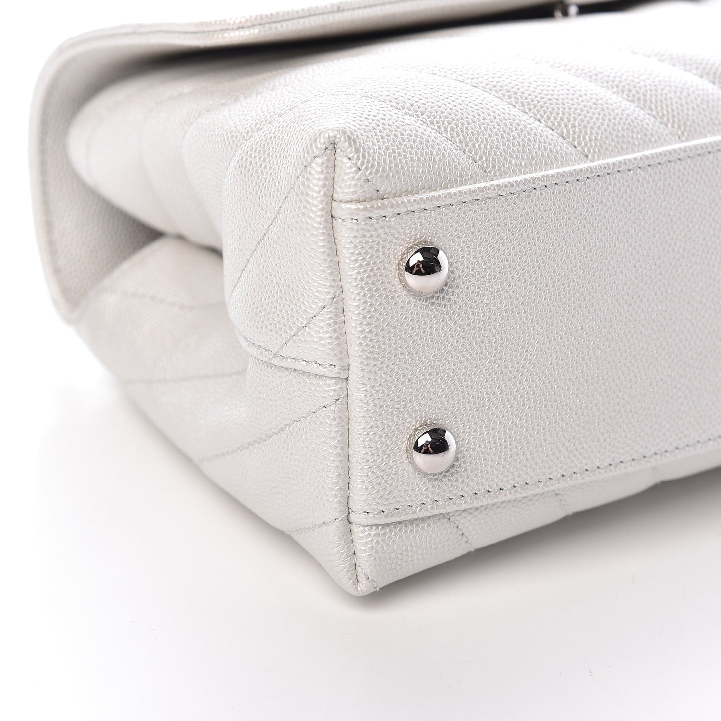 Iridescent Caviar Chevron Quilted Mini Coco Handle Flap White