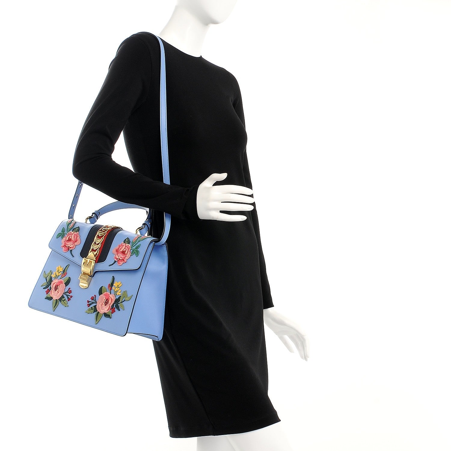 Gucci Calfskin Embroidered Medium Sylvie Top Handle Bag Clear Sky Blue 2 of 9