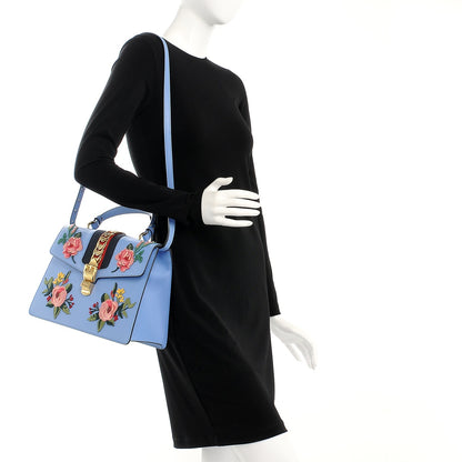Gucci Calfskin Embroidered Medium Sylvie Top Handle Bag Clear Sky Blue 2 of 9