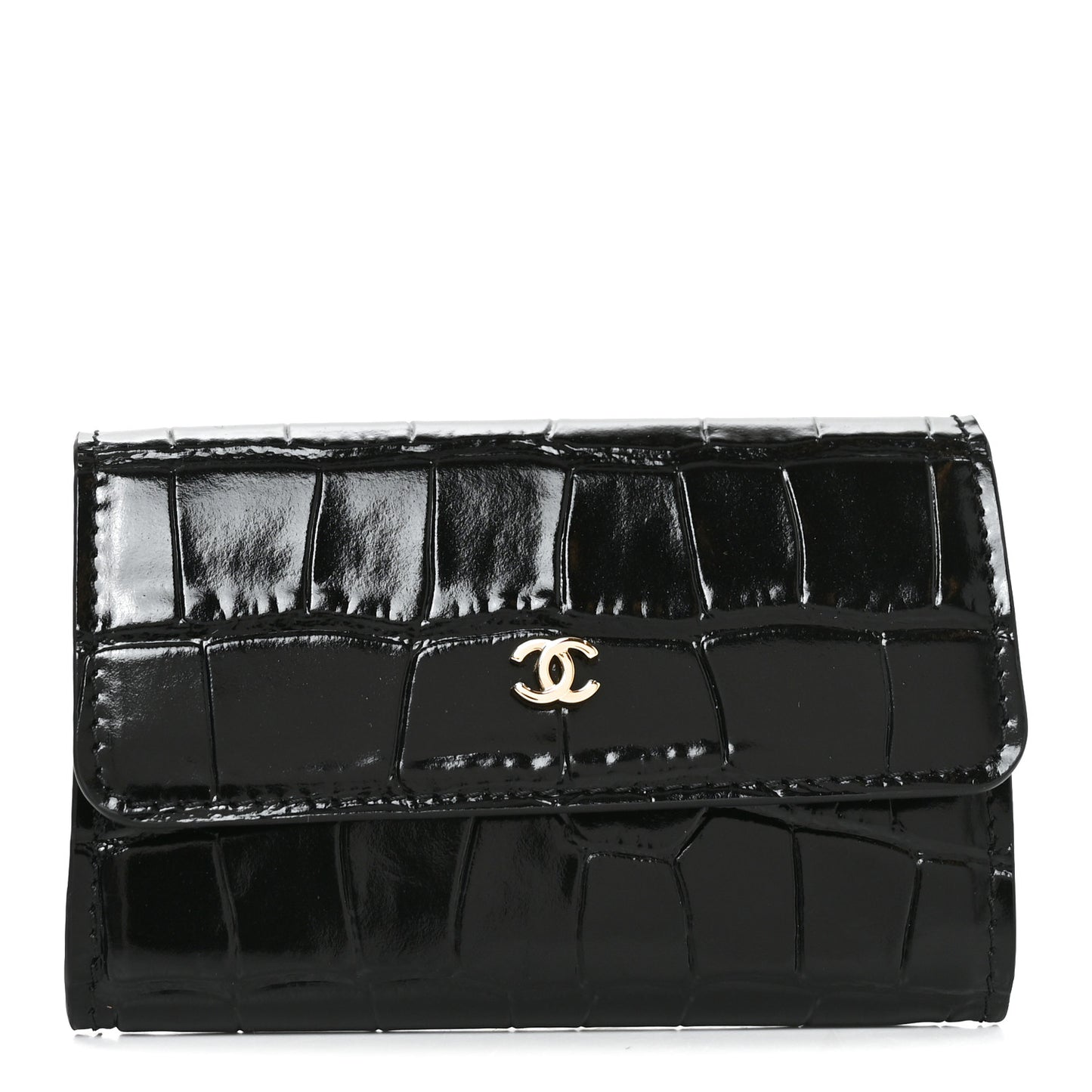 Calfskin Crocodile Embossed Crococo Flap Cardholder Black