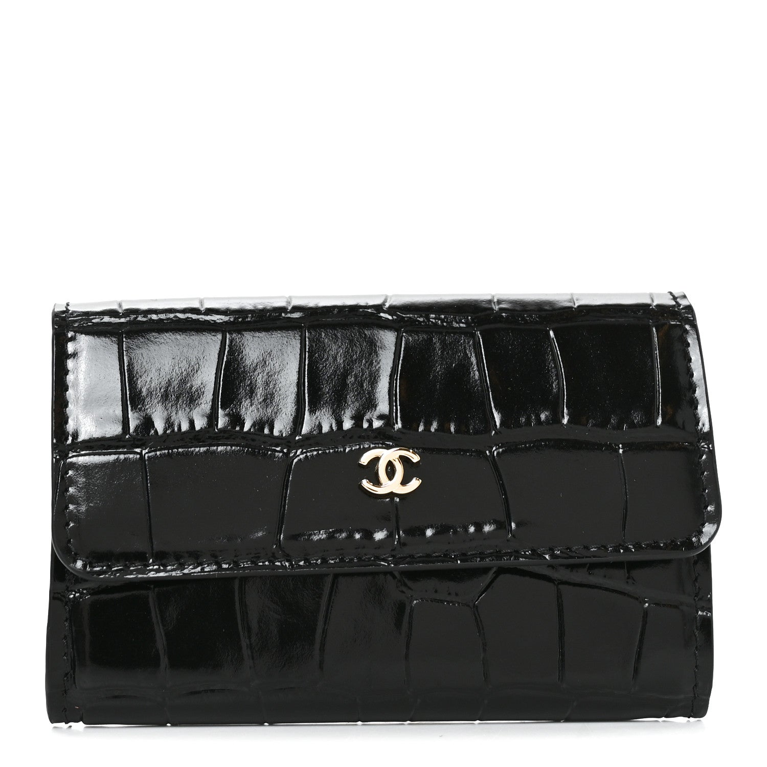 Chanel Calfskin Crocodile Embossed Crococo Flap Cardholder Black 1 of 9