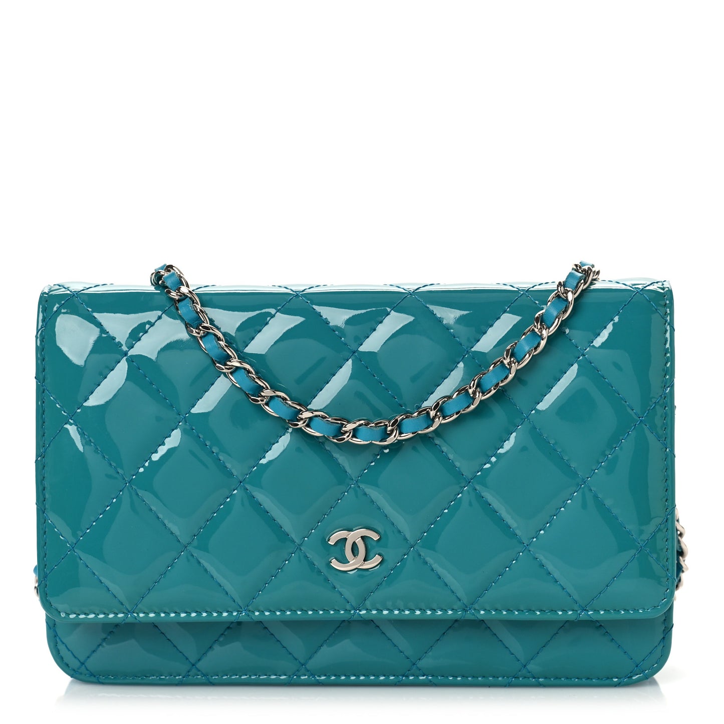 Patent Quilted Wallet On Chain WOC Turquoise Blue