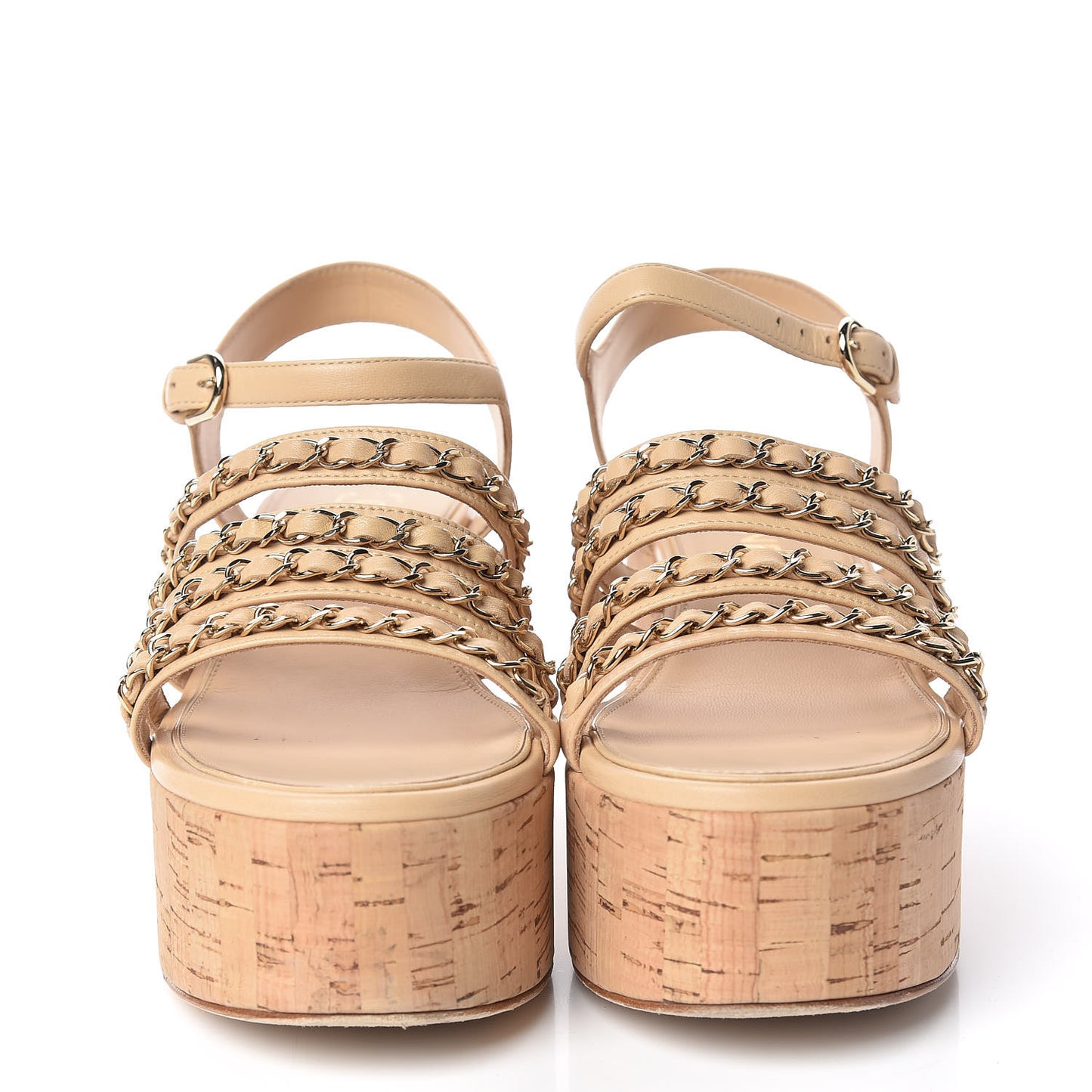 Lambskin Chain Cork Wedge Sandals 37 Beige