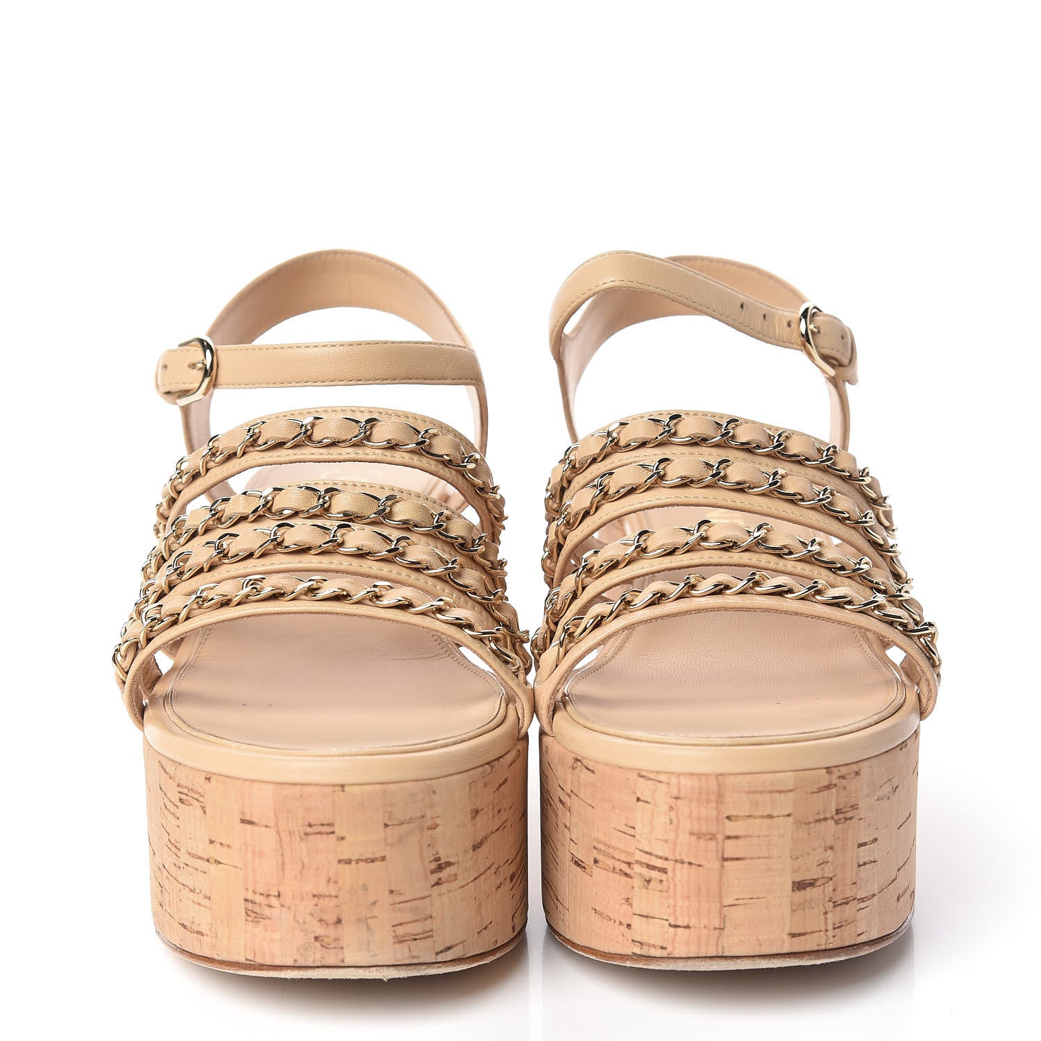 Chanel Lambskin Chain Cork Wedge Sandals 37 Beige 2 of 11