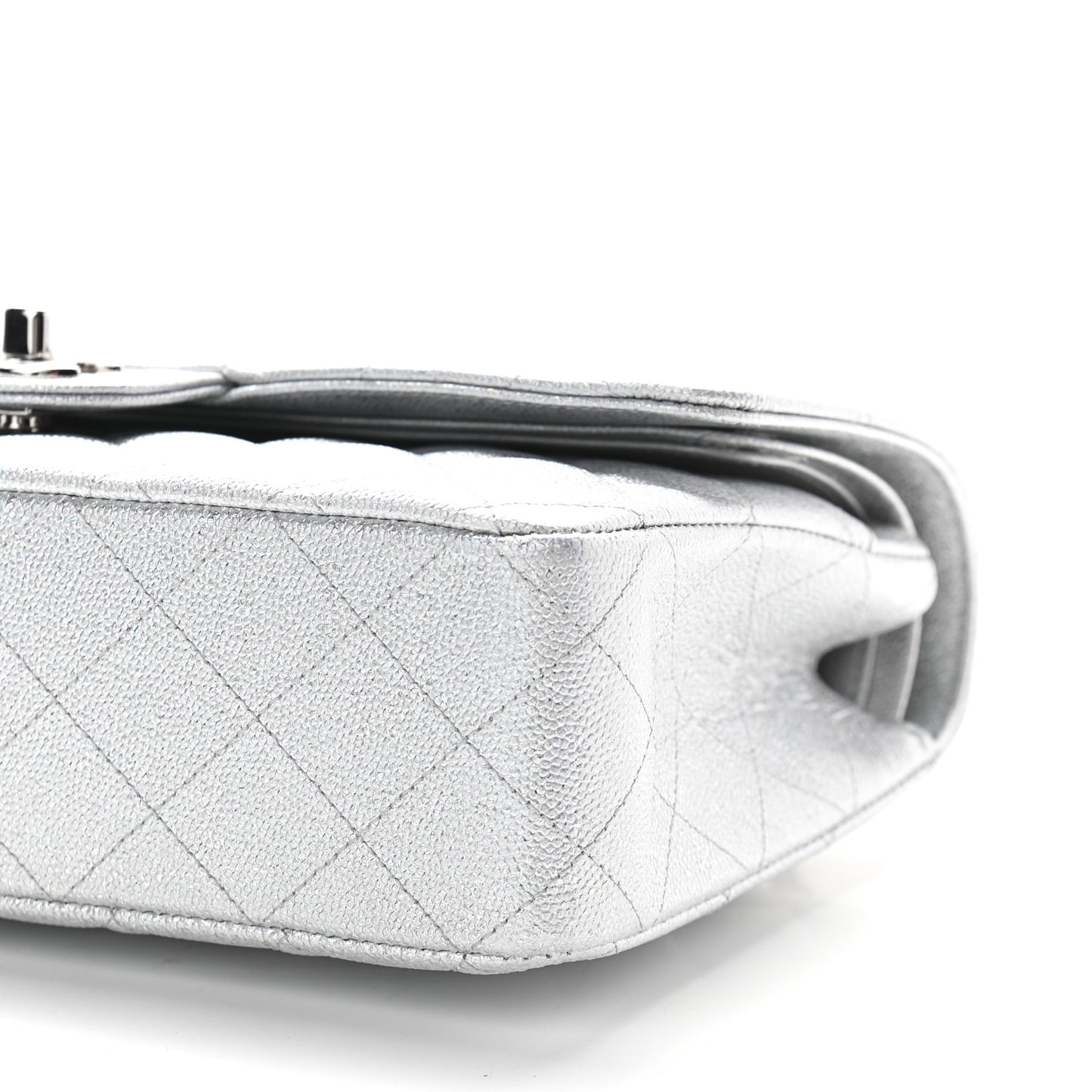 Glittered Metallic Caviar Quilted Medium Double Flap Silver