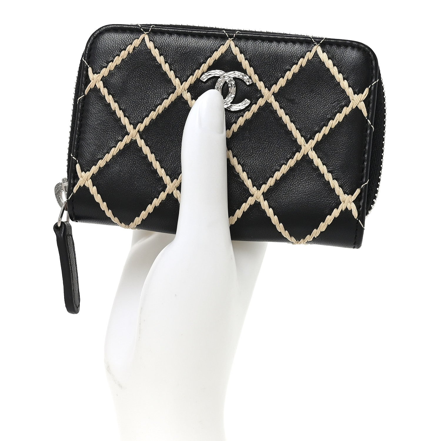 Chanel Lambskin Double Stitch Zip Coin Purse Black 2 of 8