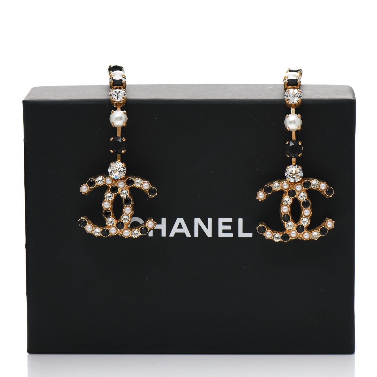 Resin Crystal Pearl CC Long Drop Earrings Gold Black