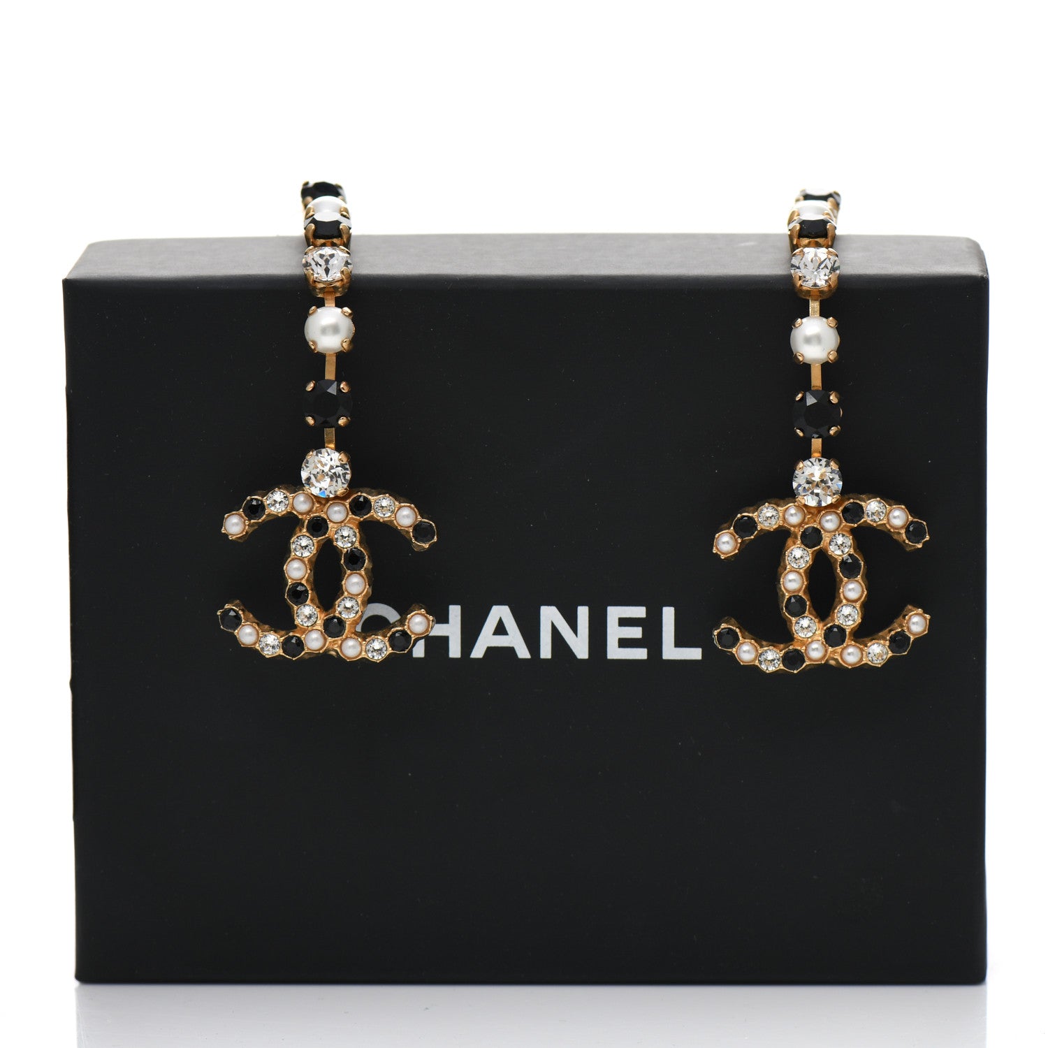 Chanel Resin Crystal Pearl CC Long Drop Earrings Gold Black 6 of 6