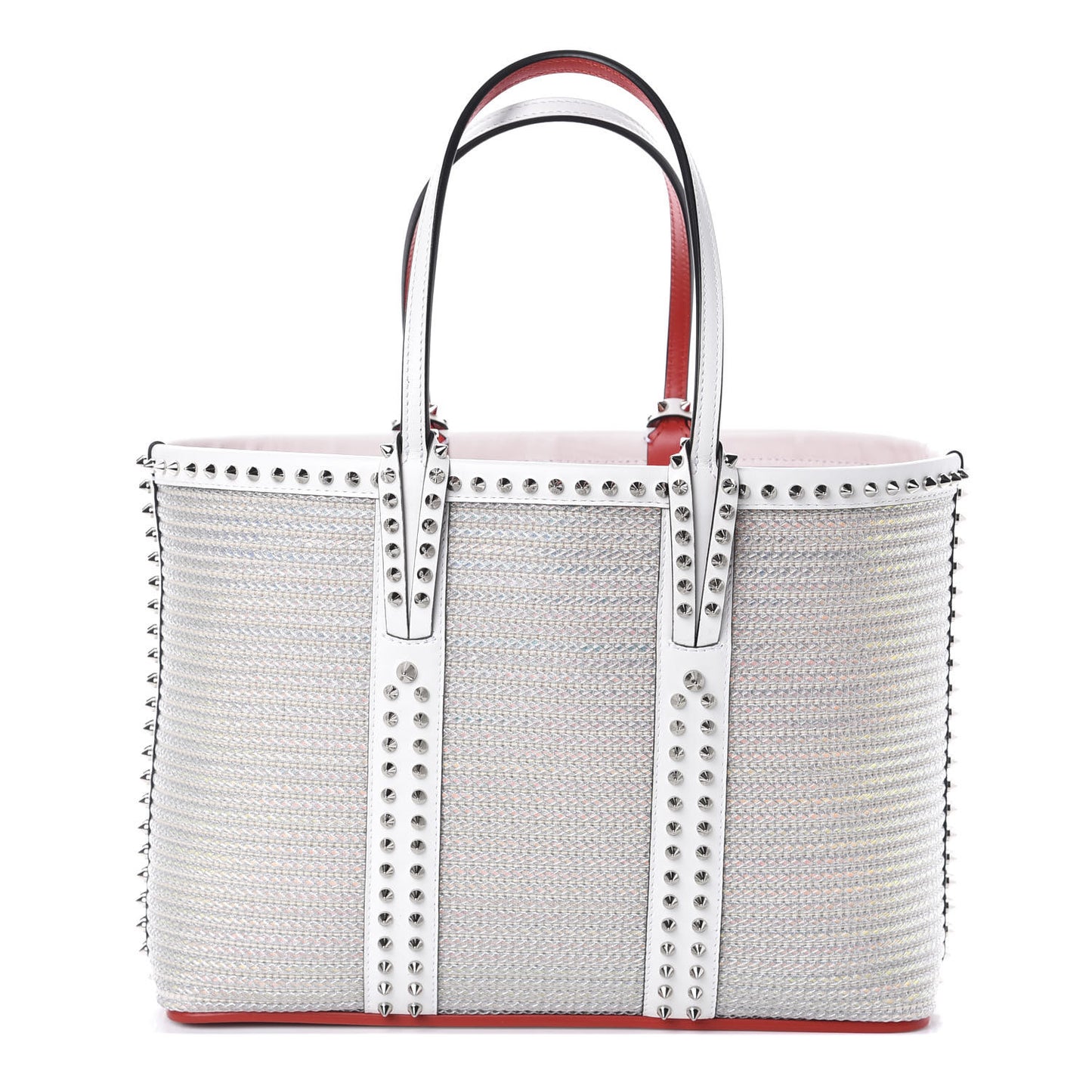 Calfskin Metallic Straw Spikes East West Cabata Tote White