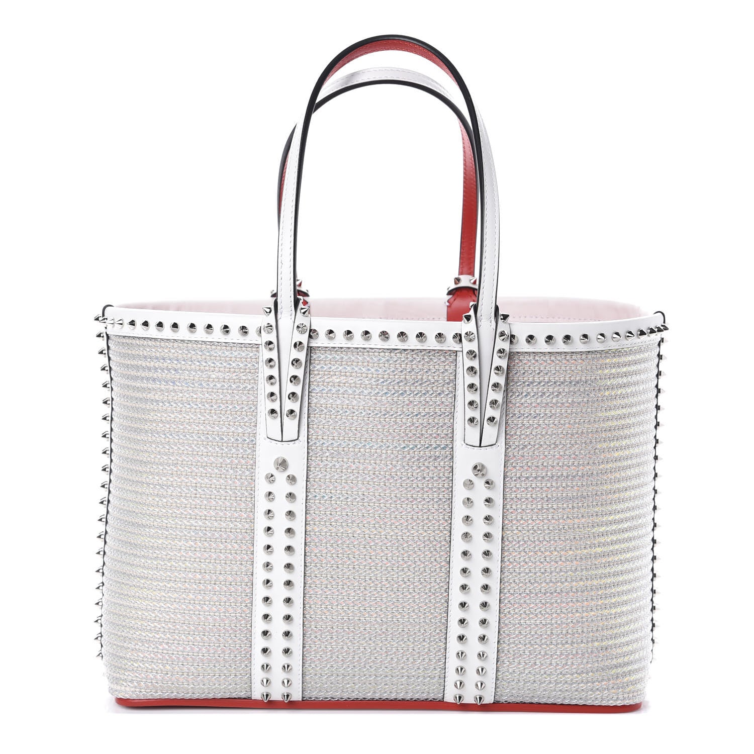 Christian Louboutin Calfskin Metallic Straw Spikes East West Cabata Tote White 1 of 9