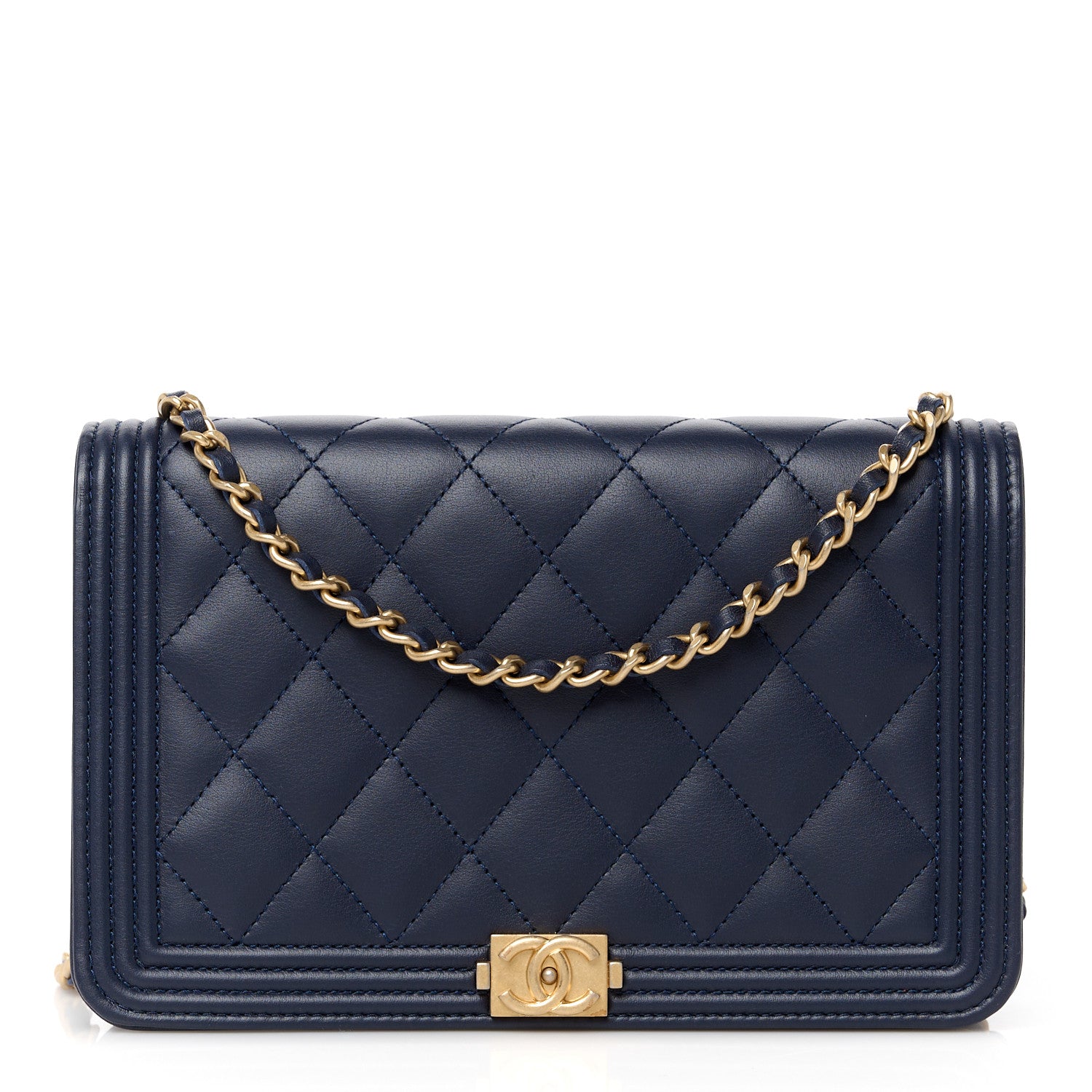 Chanel Lambskin Quilted Boy Wallet On Chain WOC Navy 1 of 12