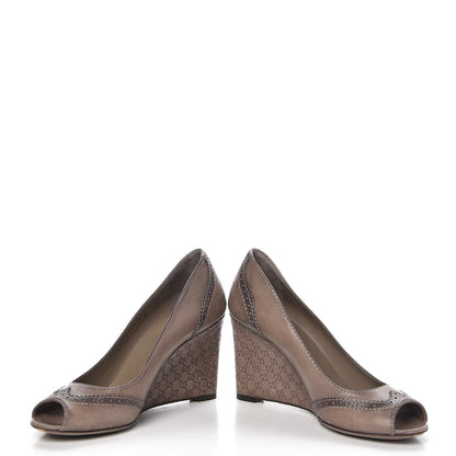 Gucci Saddle Soft Lux Tamponato MIcroguccissima Peep Toe Wedges 38.5 New Fango 5 of 19