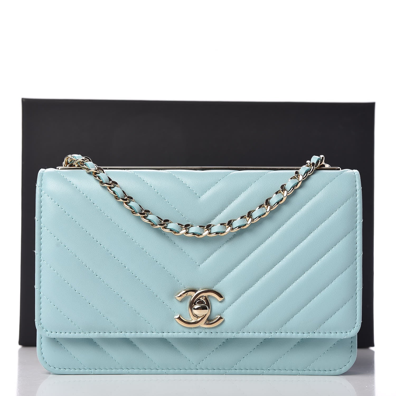 Chanel Lambskin Chevron Quilted Trendy CC Wallet On Chain WOC Light Blue 11 of 11