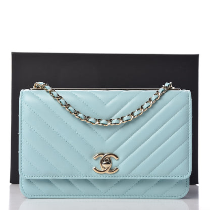 Chanel Lambskin Chevron Quilted Trendy CC Wallet On Chain WOC Light Blue 11 of 11