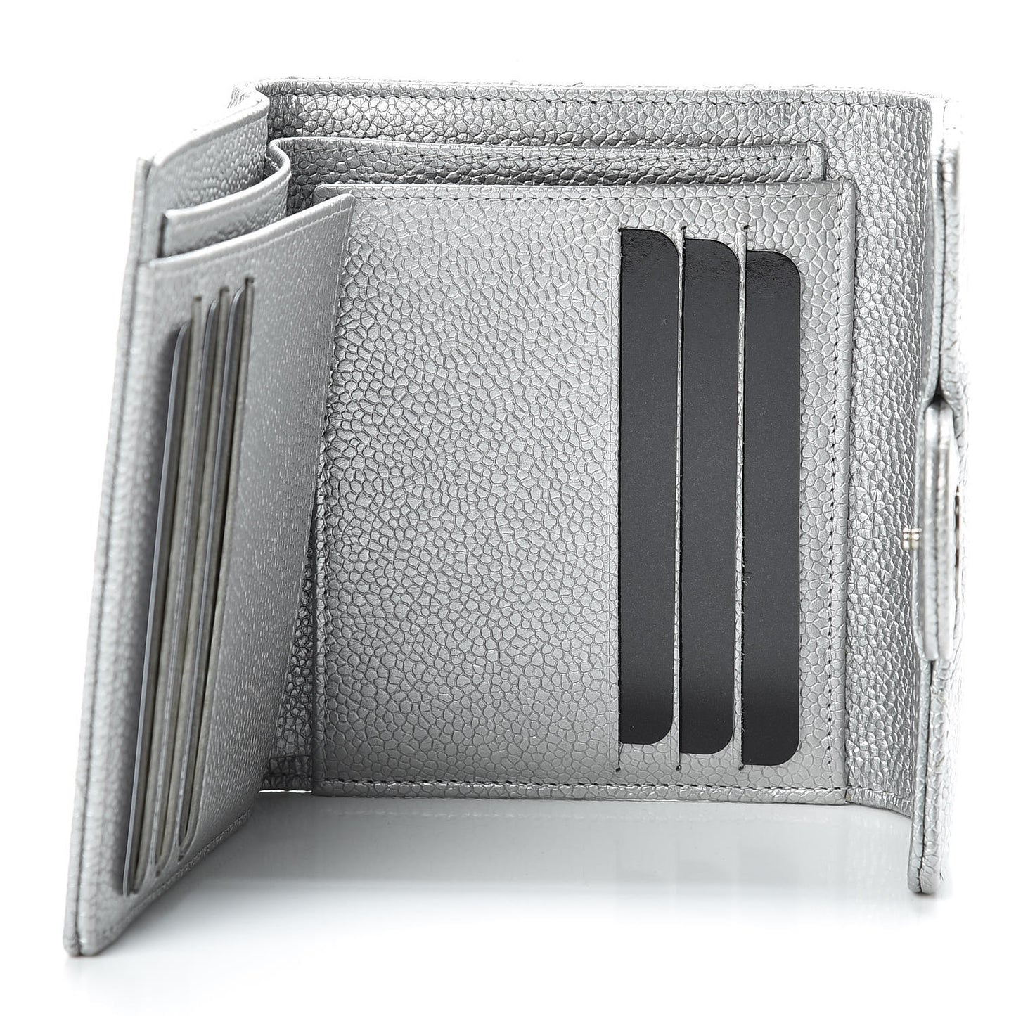 Metallic Caviar Quilted Compact Flap Wallet Silver