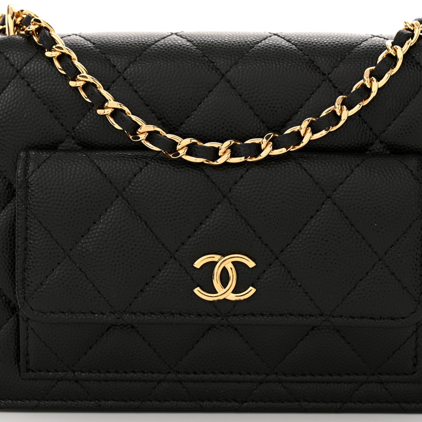 Caviar Quilted Pocket Clutch With Chain WOC Black