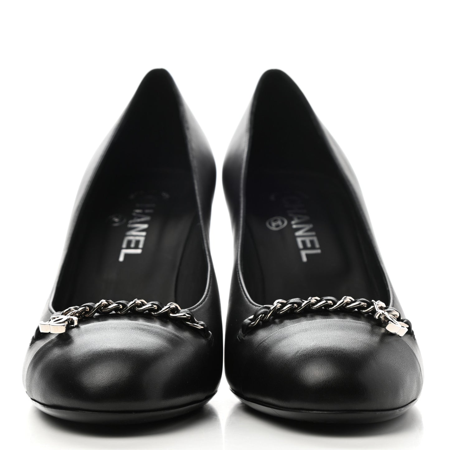 Calfskin CC Cap Toe Chain Pumps 39 Black