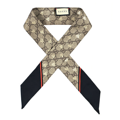 Gucci Silk Twill GG Monogram GG Bee Neck Bow Scarf Black Red 1 of 3