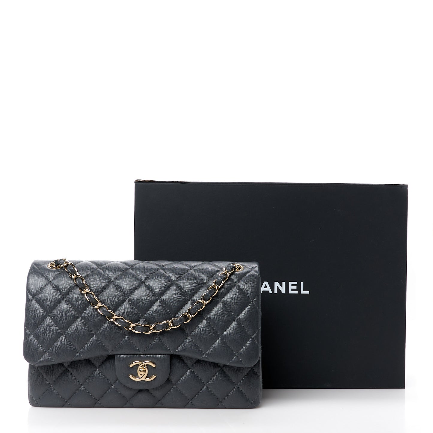 Caviar Quilted Jumbo Double Flap Dark Grey