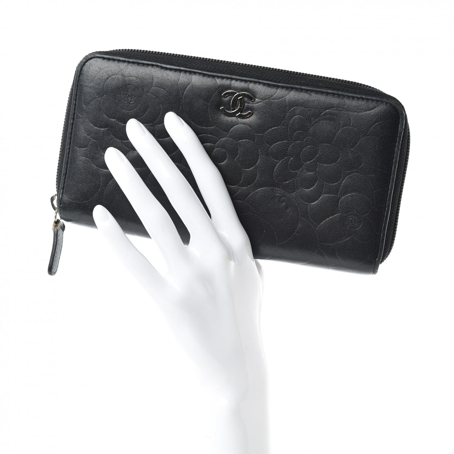 Lambskin Camellia Embossed Large Zip Around Gusset Wallet Black