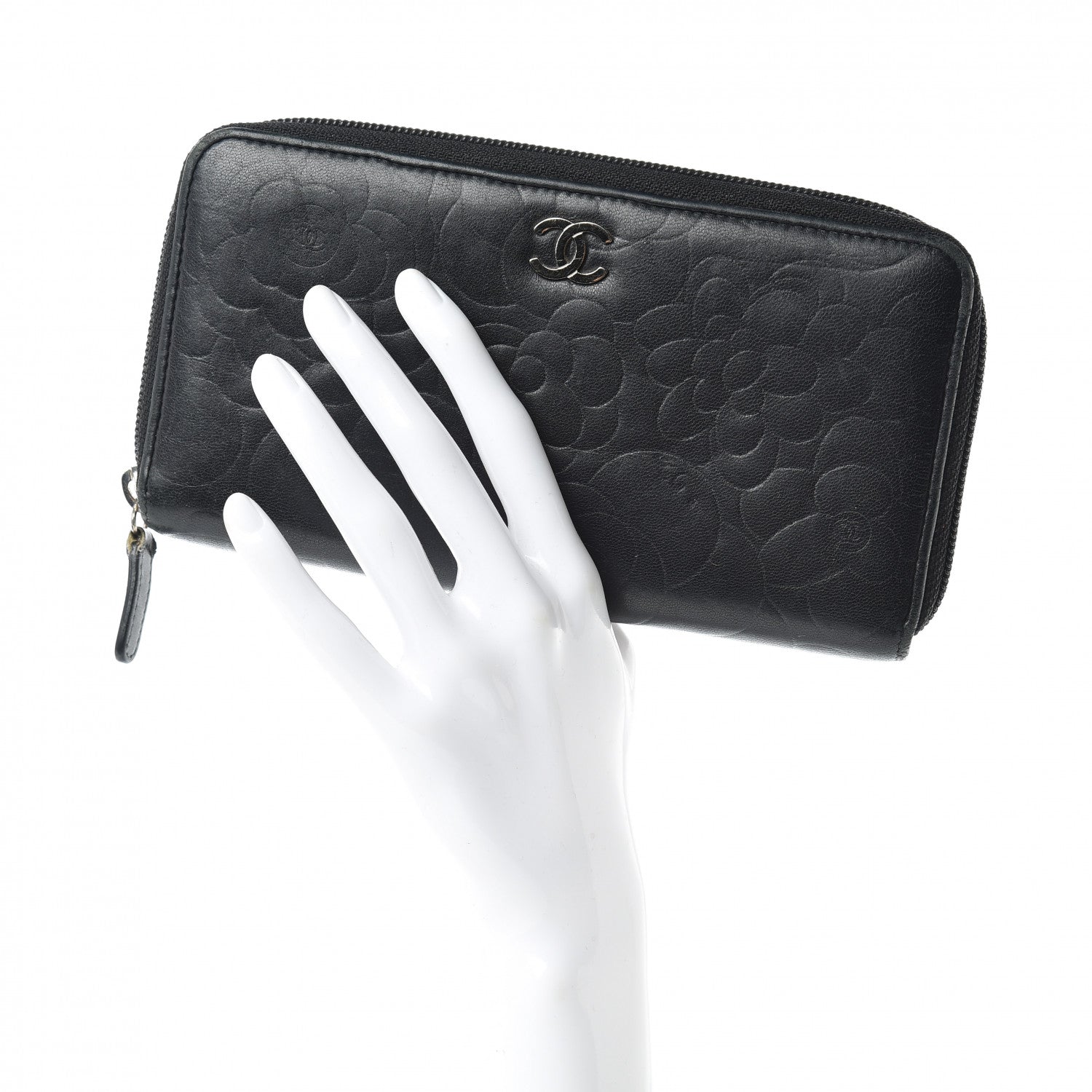 Chanel Lambskin Camellia Embossed Large Zip Around Gusset Wallet Black 2 of 11