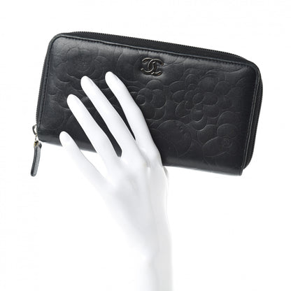 Chanel Lambskin Camellia Embossed Large Zip Around Gusset Wallet Black 2 of 11