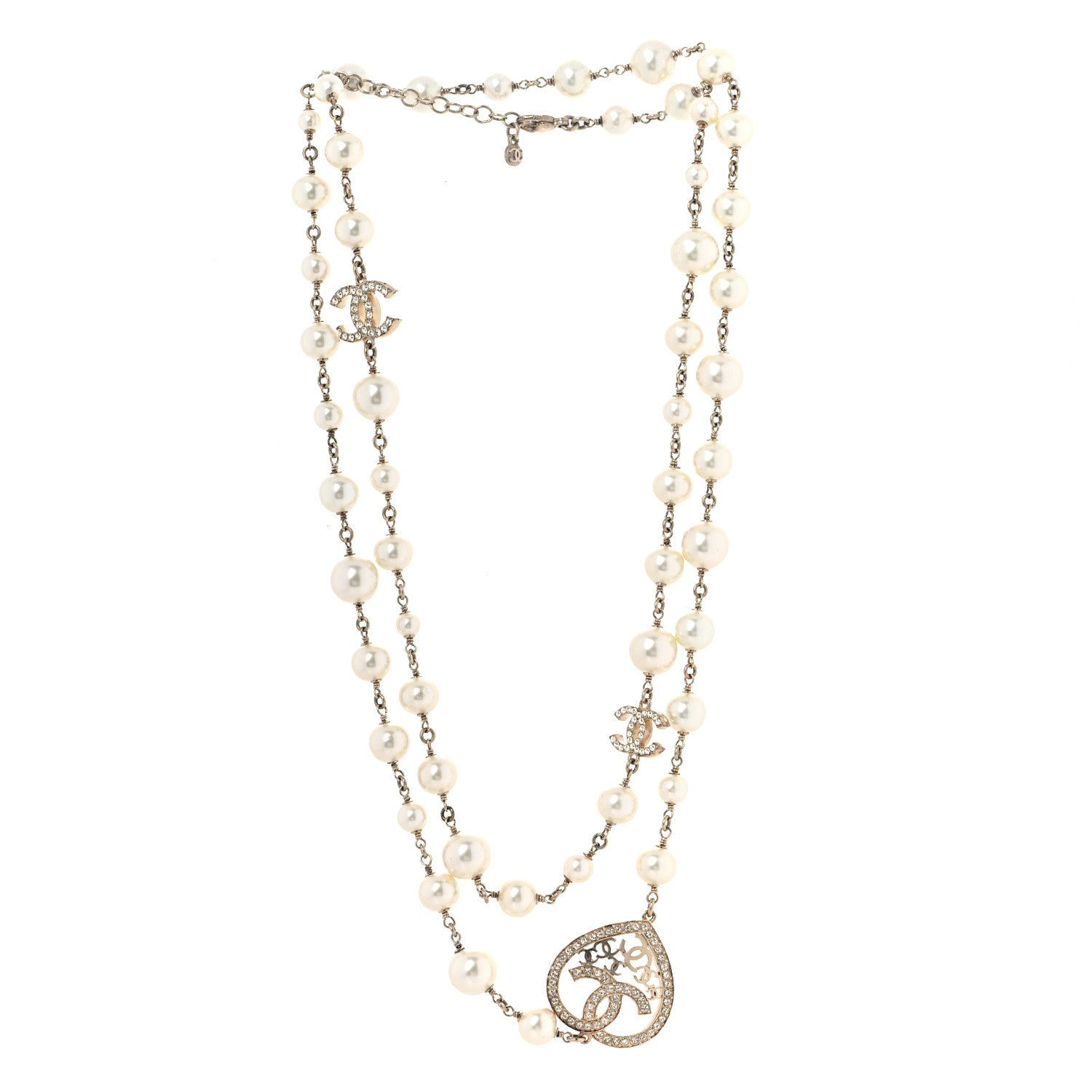 Chanel Swarovski Crystal Pearl CC Heart Necklace Gold 2 of 7