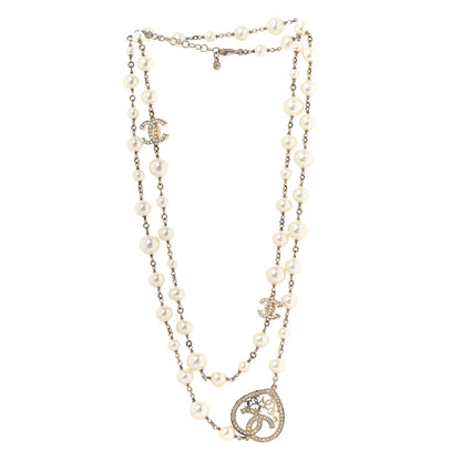 Chanel Swarovski Crystal Pearl CC Heart Necklace Gold 2 of 7
