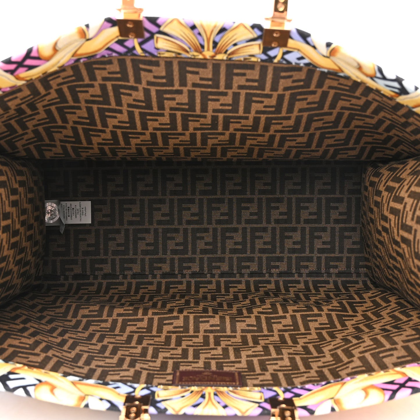 X VERSACE Canvas Printed Plexiglass Fendace FF Baroque XL Fendi Sunshine Shopper Tote Gold
