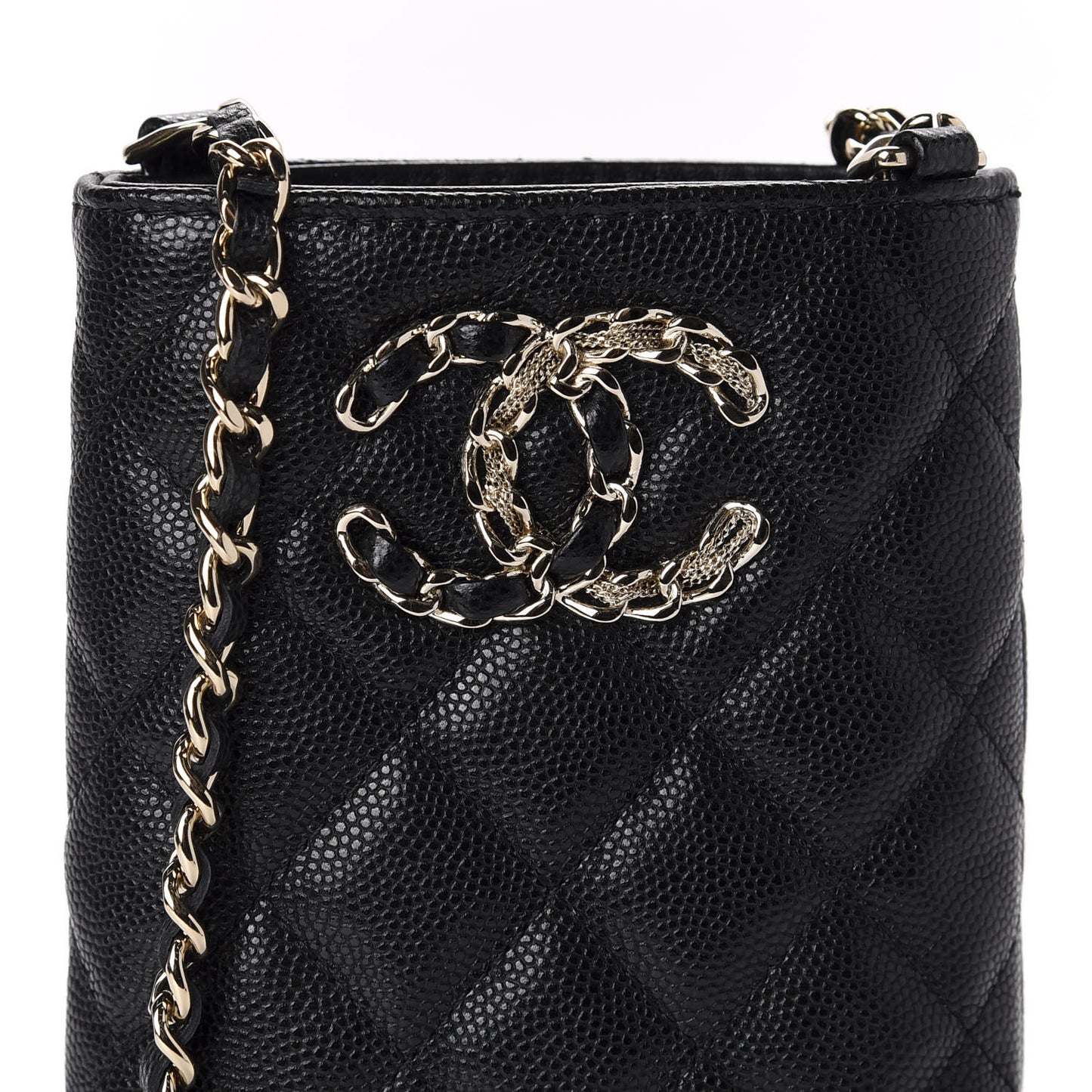 Caviar Quilted French New Wave Phone Holder With Chain Black