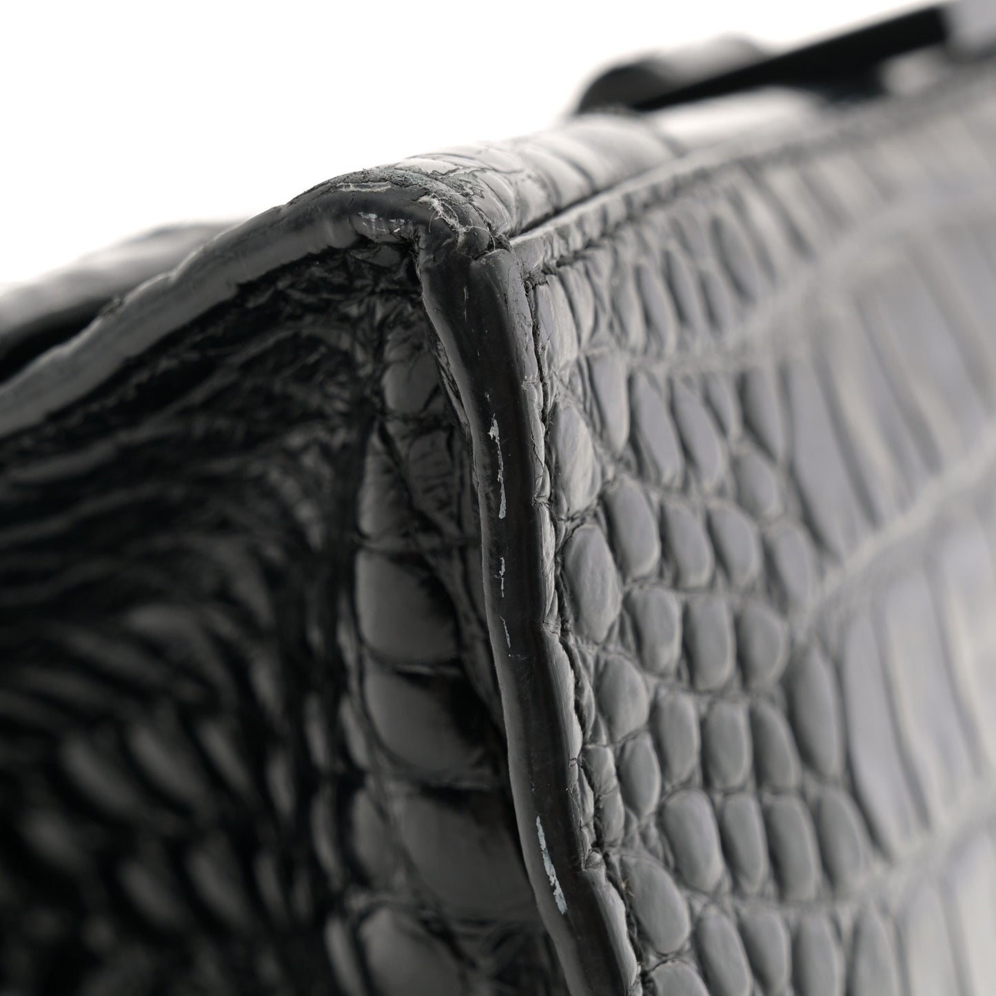 Shiny Calfskin Monochrome Crocodile Embossed Small Hourglass Top Handle Bag Black