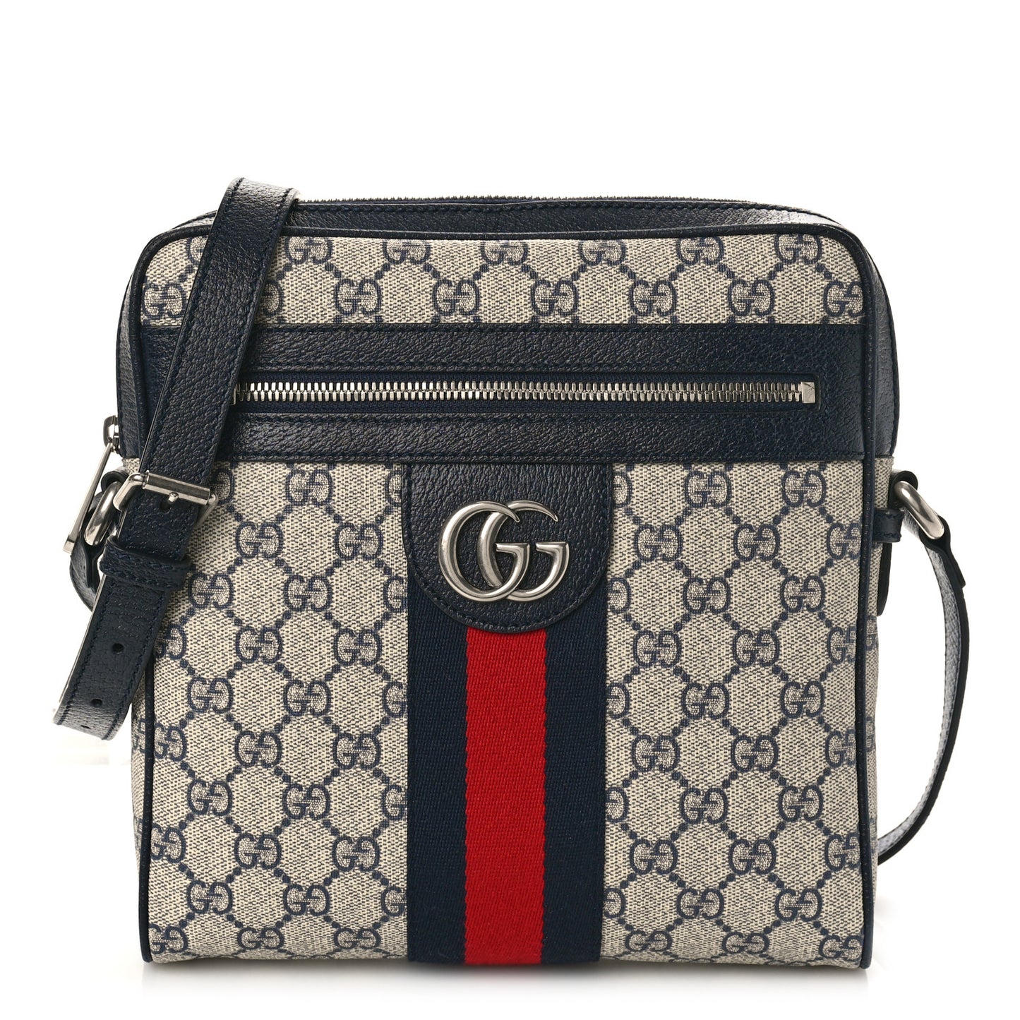 GG Supreme Monogram Textured Dollar Calfskin Web Small Ophidia Messenger Bag Beige Blue
