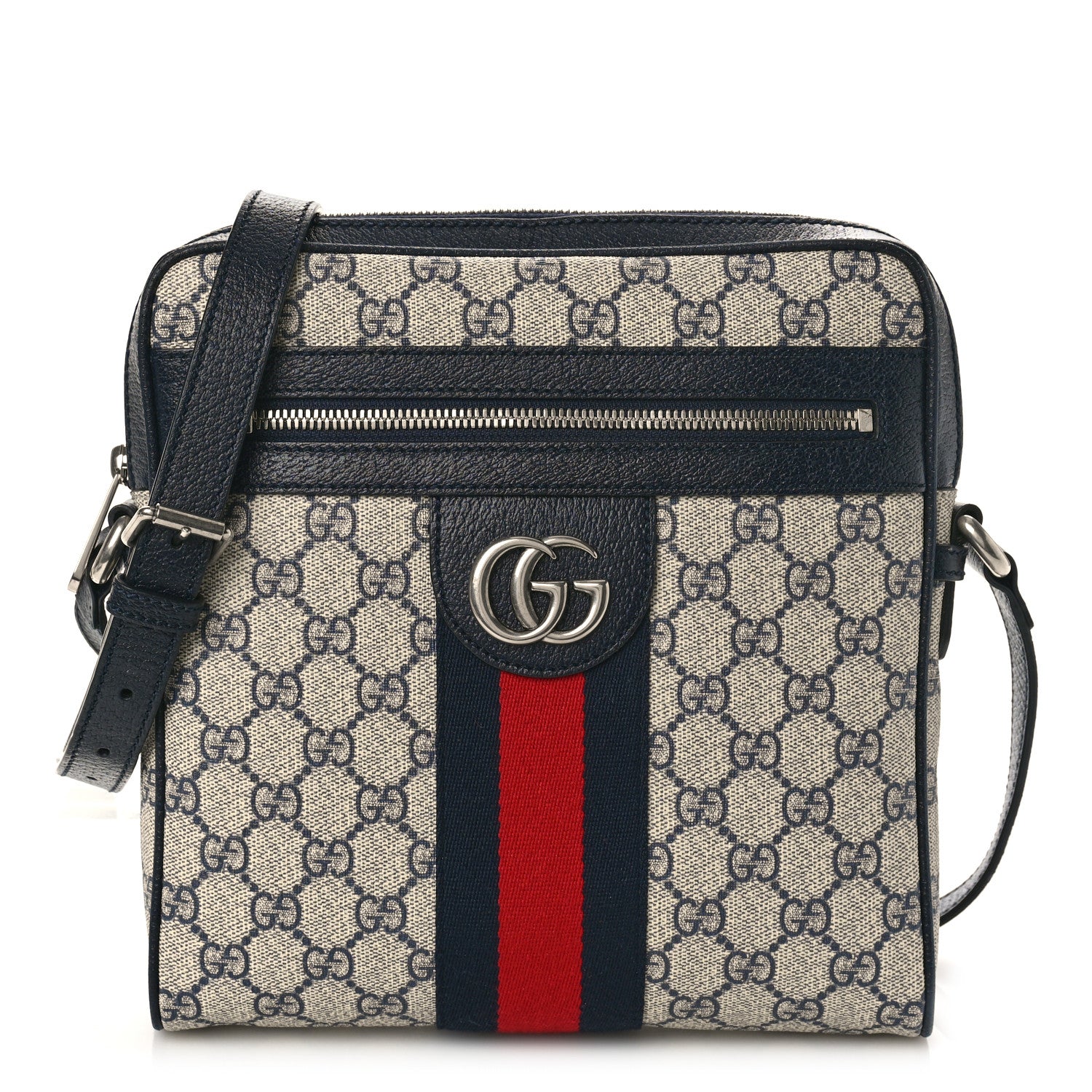 Gucci GG Supreme Monogram Textured Dollar Calfskin Web Small Ophidia Messenger Bag Beige Blue 1 of 8