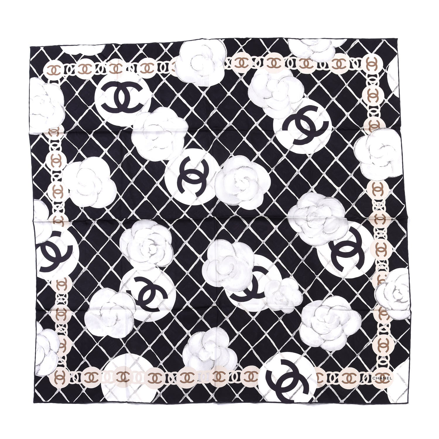 Chanel Silk CC Logo Camellia Scarf White Black 1 of 3