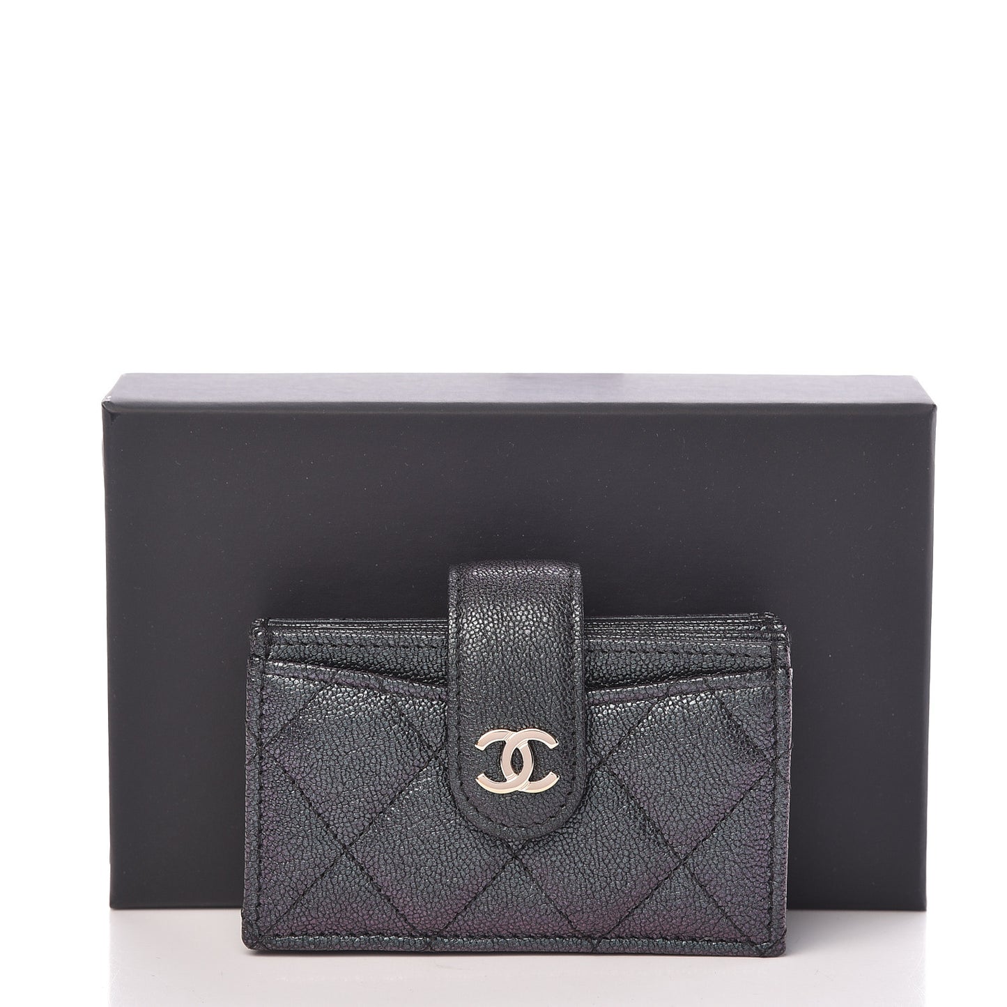 Iridescent Caviar Quilted Gusseted Card Holder Black