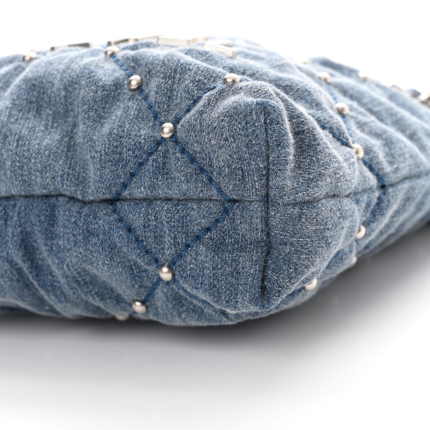 Washed Denim Quilted Studded Mini Chanel 22 Blue