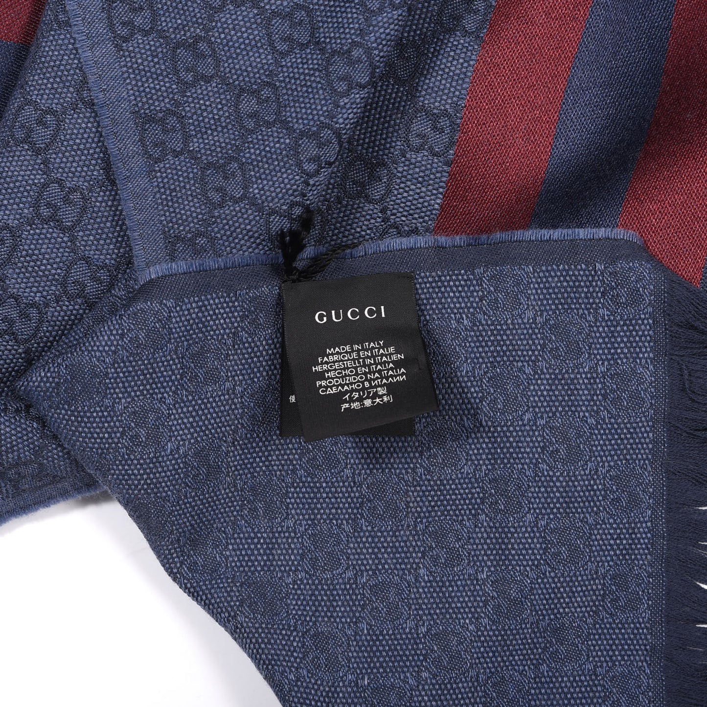 Wool Silk GG Monogram Web Verbier Fringe Scarf Sapphire Bordeaux
