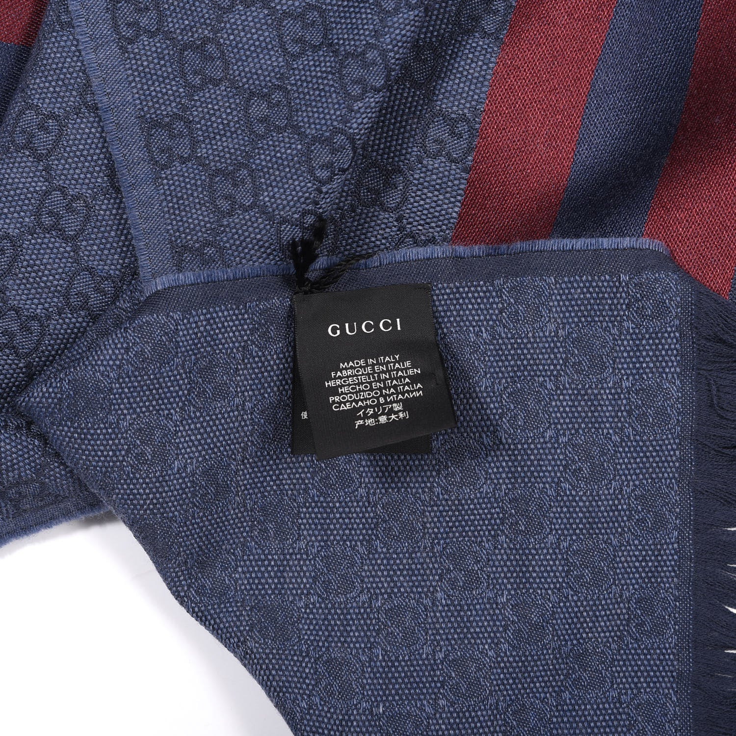 Gucci Wool Silk GG Monogram Web Verbier Fringe Scarf Sapphire Bordeaux 2 of 4
