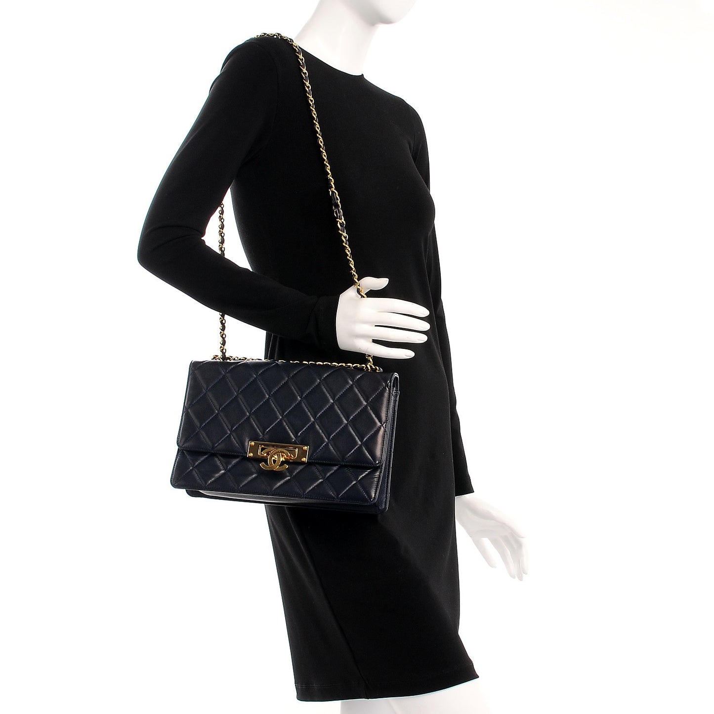 Lambskin Quilted Large Golden Class Flap Navy