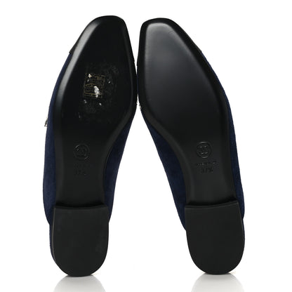 Chanel Suede Calfskin Grosgrain Crystal CC Star Mules 37.5 Blue Black 5 of 8